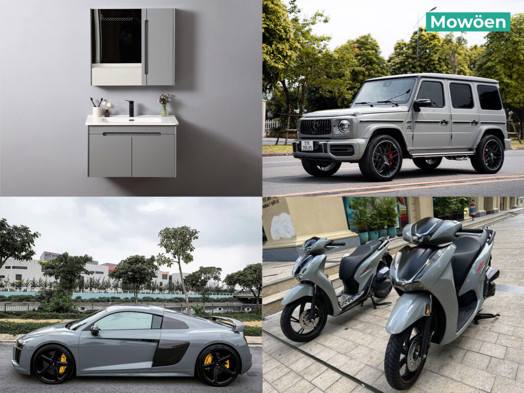 Màu xám xi măng xu hướng 2024 cùng tủ lavabo phòng tắm Mowoen