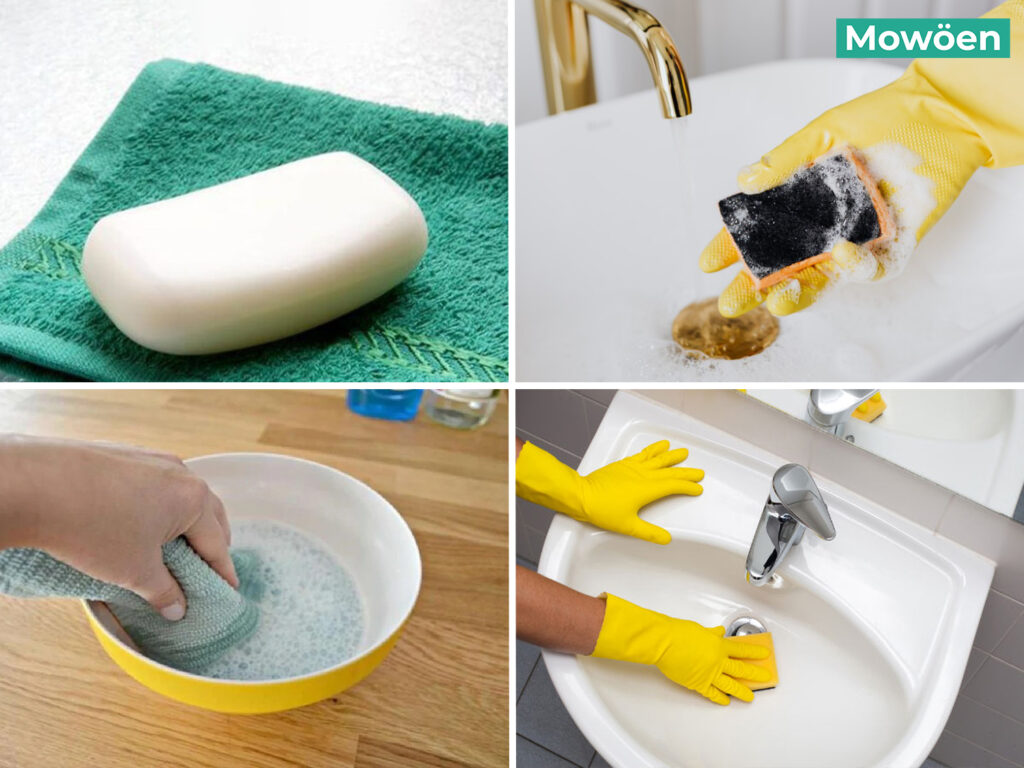Sử dụng xà phòng và nước ấm làm sạch chậu lavabo Mowoen